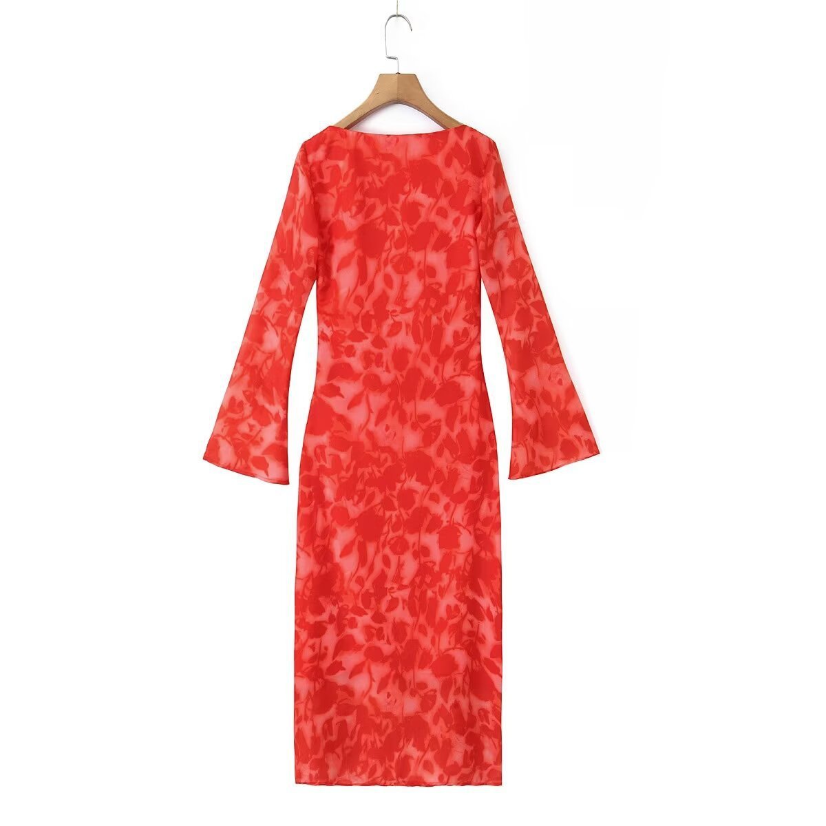 Women's Clothing Rose Printed Long Sleeve Dress Midi Dress