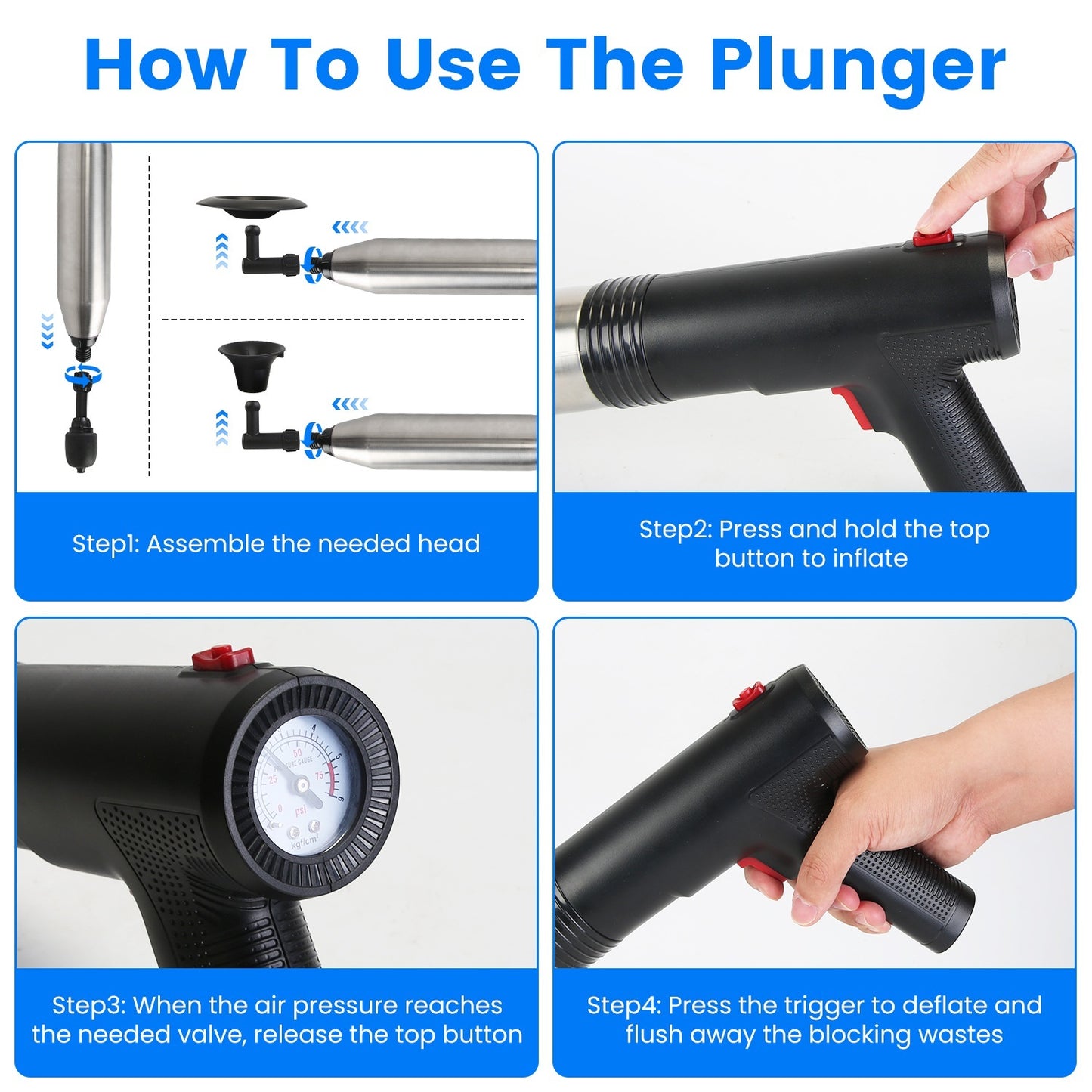1Pc Electric Toilet Plunger High Pressure Air Plunger Air Drain Blaster Drain Clog Remover With Real Time Pressure Display For Toilets Bathroom Floor Drain Kitchen Sinks Plumbing Clogs