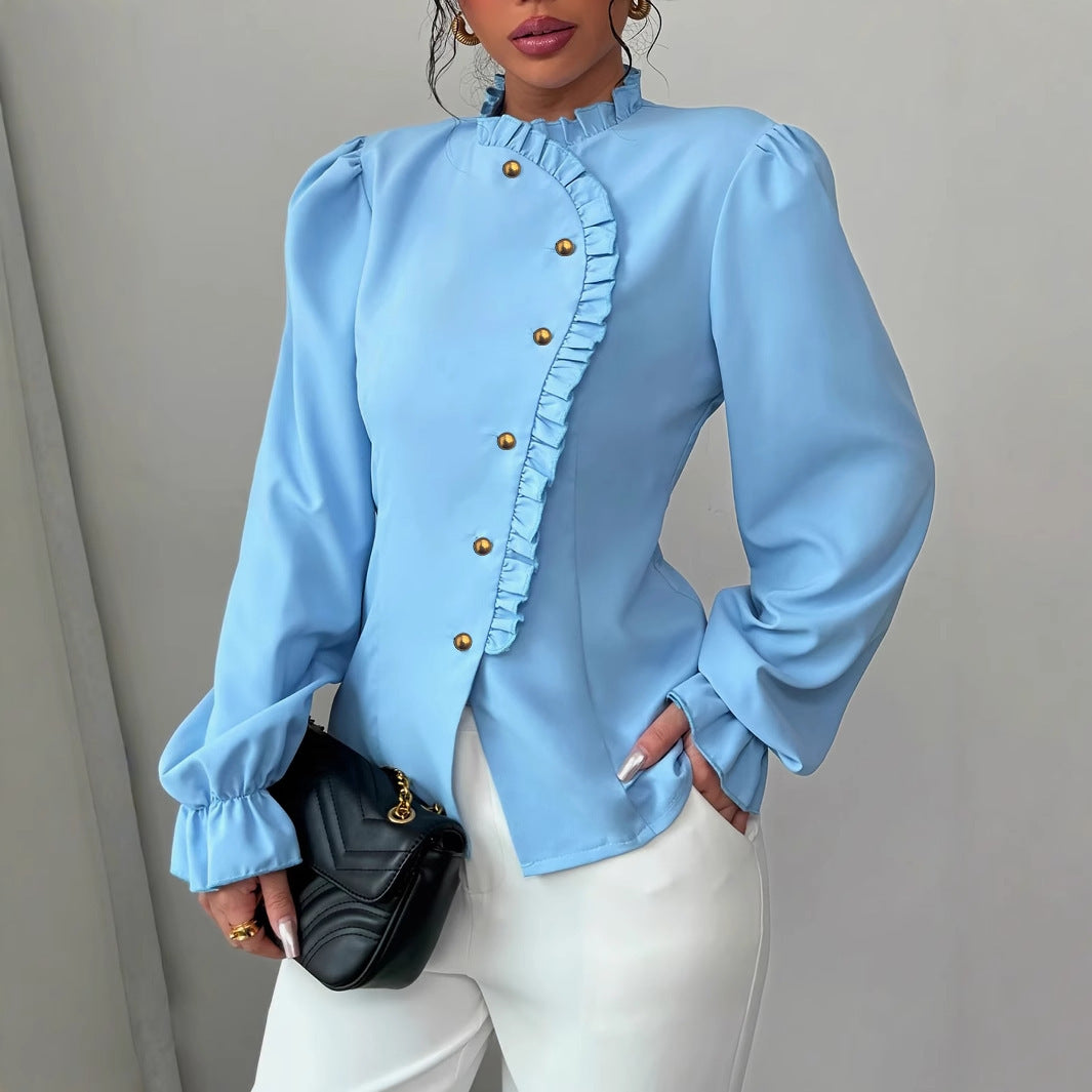 Women's Elegant French Asymmetrical Button-down Collar Ruffle Long Sleeve Blouse