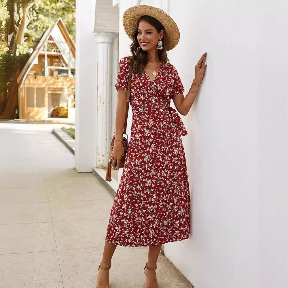 European And American Printed V-neck High Waist Midi Dress