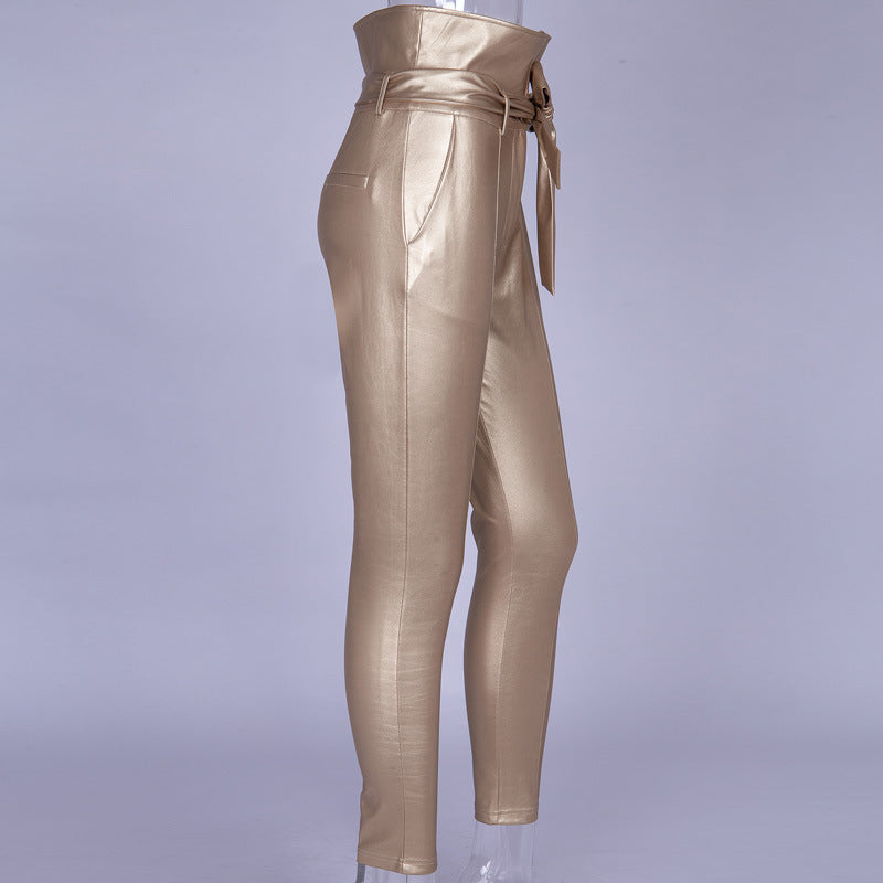 High waist pencil pants PU leather belt trousers