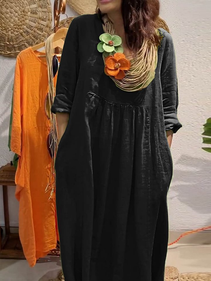 Women's Casual Solid Color Cotton And Linen Pocket Dress