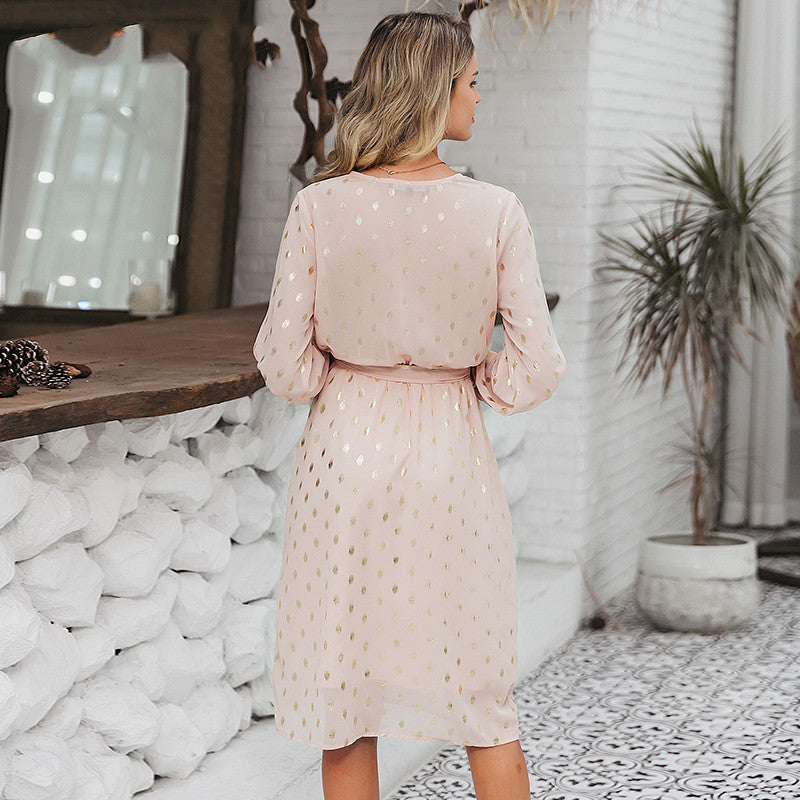 Lantern sleeve belt midi dress