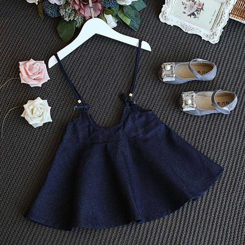 Girls Casual Striped Short-Sleeved Denim Strap Dress