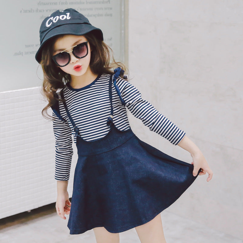 Girls Casual Striped Short-Sleeved Denim Strap Dress