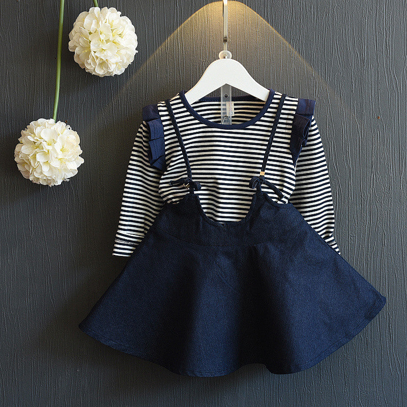 Girls Casual Striped Short-Sleeved Denim Strap Dress