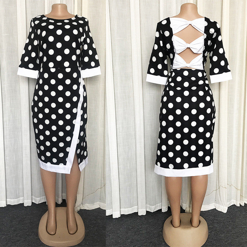 European and American Polka Dot Halter Bow Midi Skirt Dress