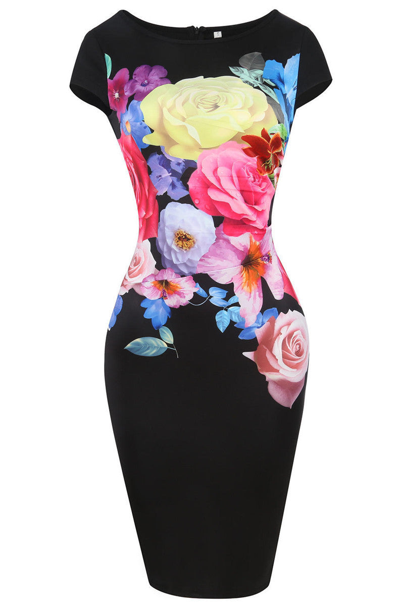 Printed Stitching Stretch Pack Hip Pencil Dress