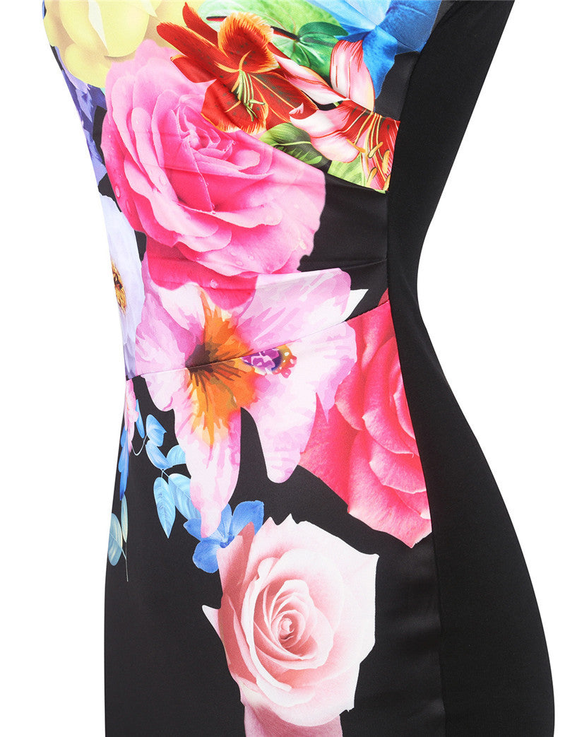 Printed Stitching Stretch Pack Hip Pencil Dress
