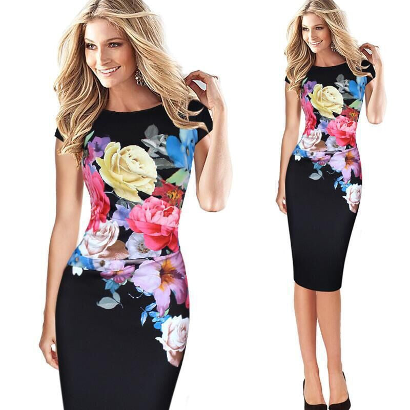 Printed Stitching Stretch Pack Hip Pencil Dress