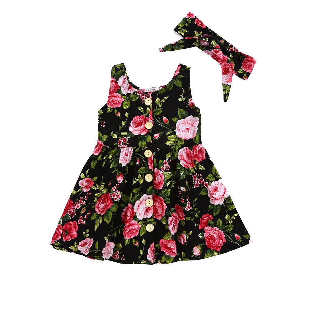 Girls' Hair Band Printed Floral Dress