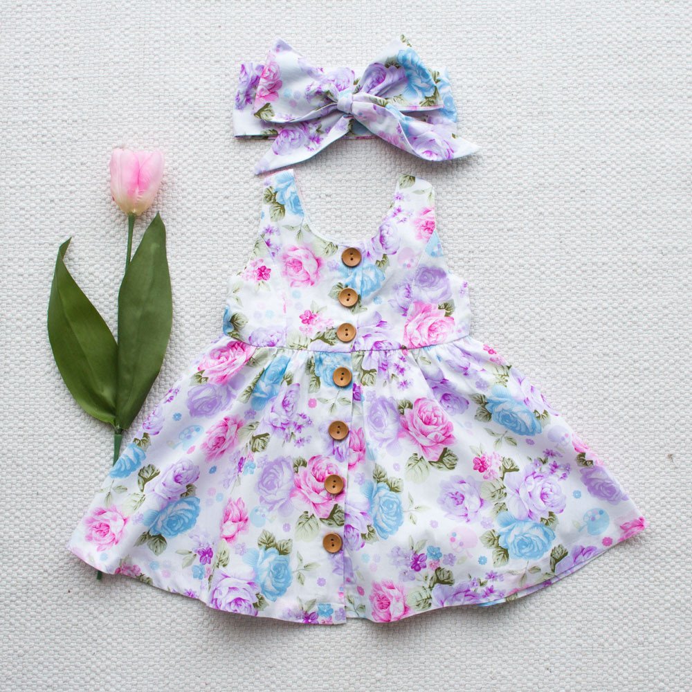 Girls' Hair Band Printed Floral Dress