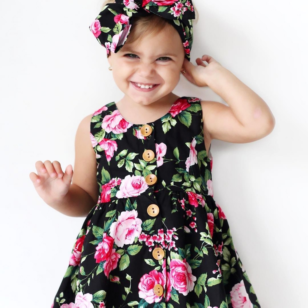 Girls' Hair Band Printed Floral Dress