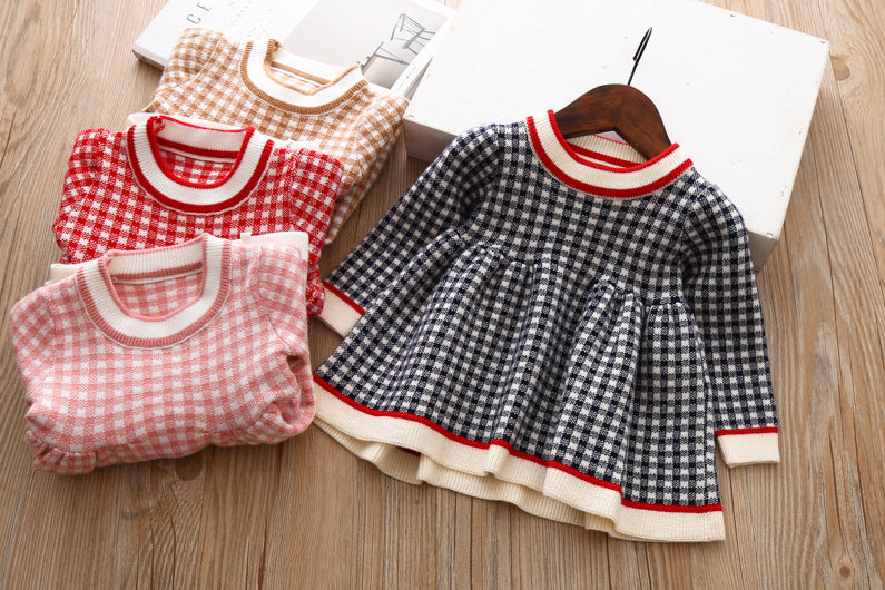Girls' Plaid Knitted Children's Baby Sweater Shirt Dress