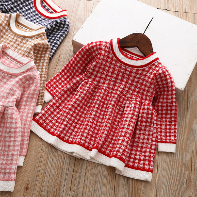 Girls' Plaid Knitted Children's Baby Sweater Shirt Dress