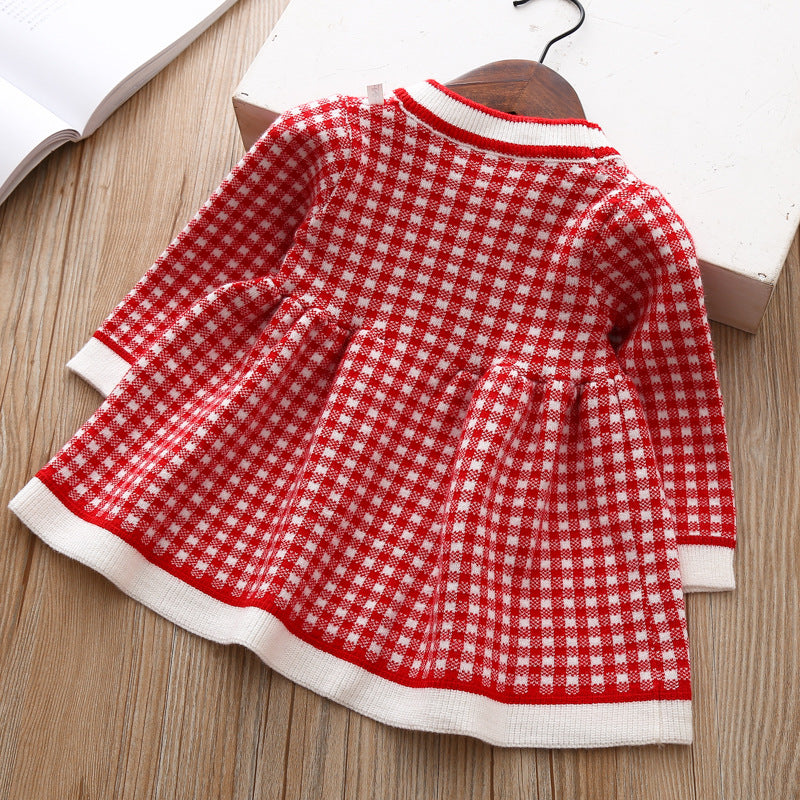 Girls' Plaid Knitted Children's Baby Sweater Shirt Dress