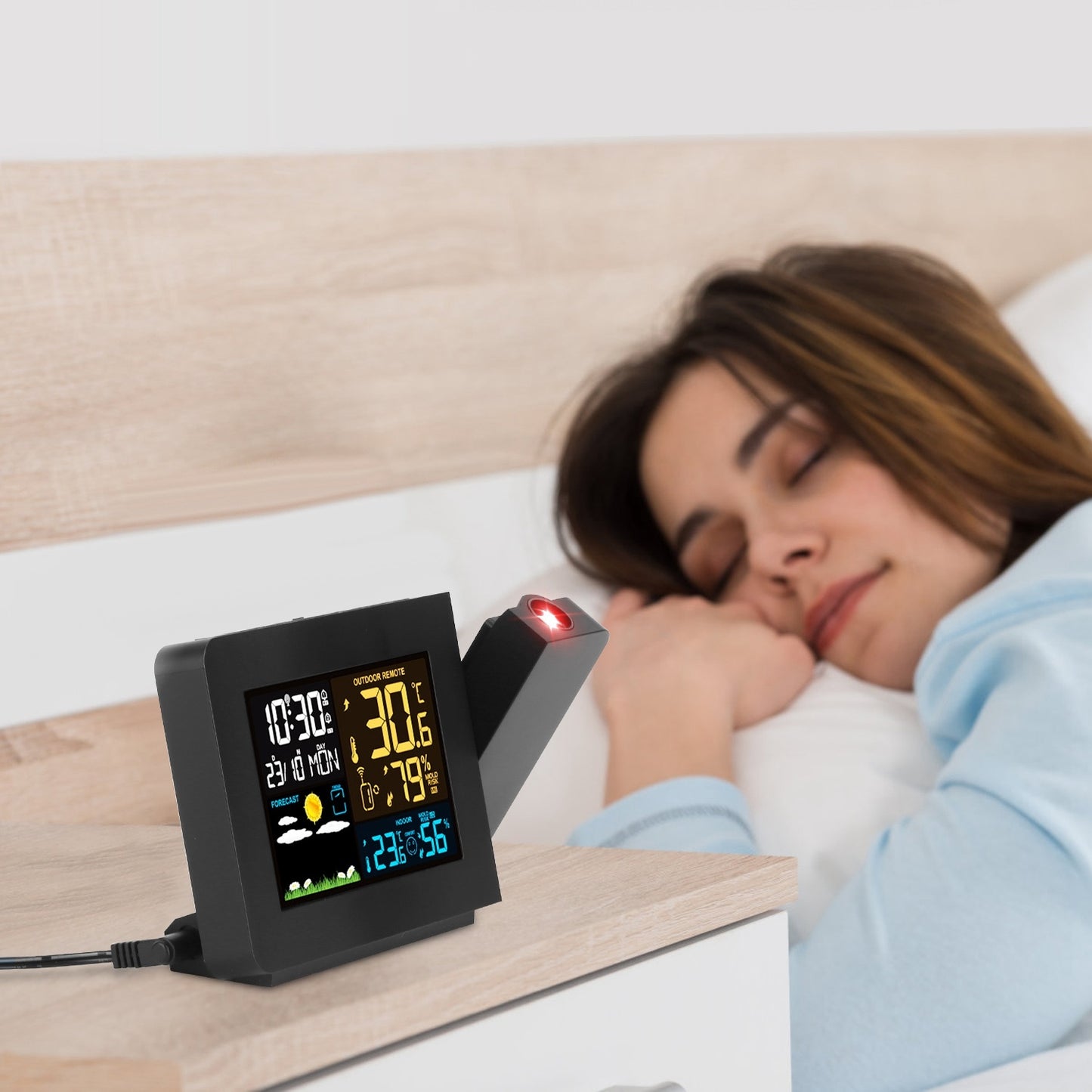 Atomic Projection Alarm Clock Radio Control Clock With WWVB Function Weather Station Dual Alarms Snooze Outdoor Wireless Temperature Humidity Sensor