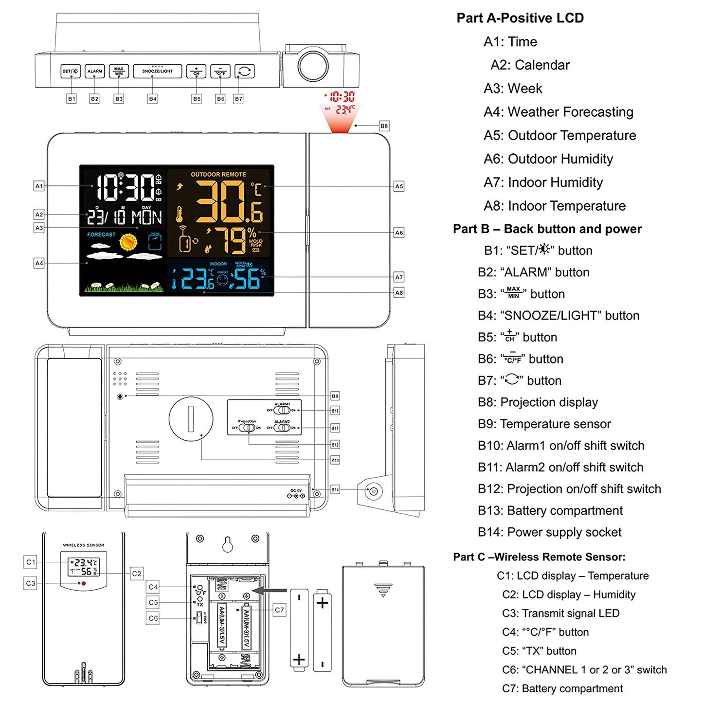 Atomic Projection Alarm Clock Radio Control Clock With WWVB Function Weather Station Dual Alarms Snooze Outdoor Wireless Temperature Humidity Sensor