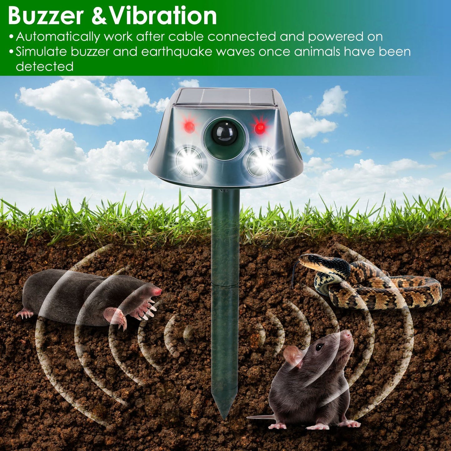 1Pc Ultrasonic Solar Animal Repeller Outdoor  Mole Snake Squirrel Repellent Waterproof With 3 Modes Motion Sensor Vibration Stake For Farm Garden Yard