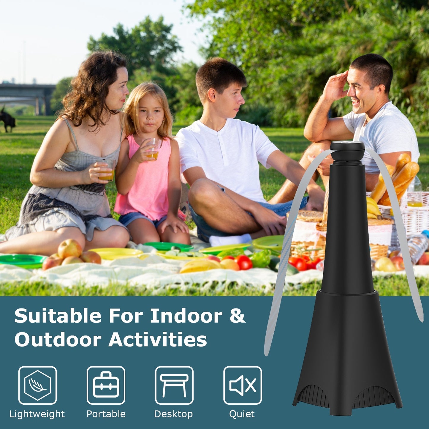 2 Pack Portable Reflective Fly Repellent Fan Rechargeable Battery Powered Table Food Fly Trap With Pattern Soft-Stop Blade Hanging Hook Indoor Outdoor Table