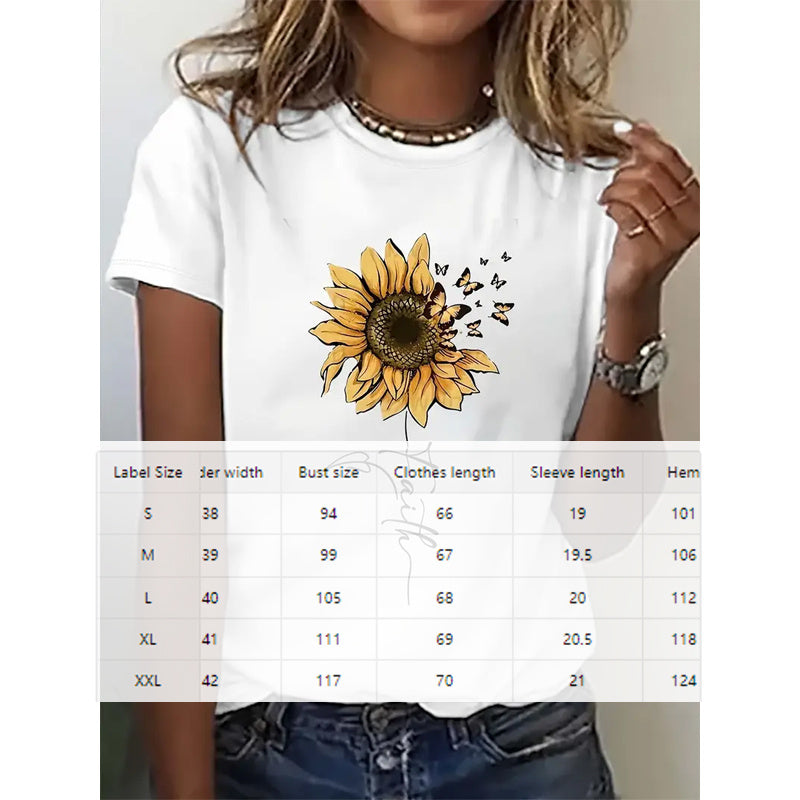 Women's Summer Sunflower Print Top Round Neck Short Sleeve T Shirt
