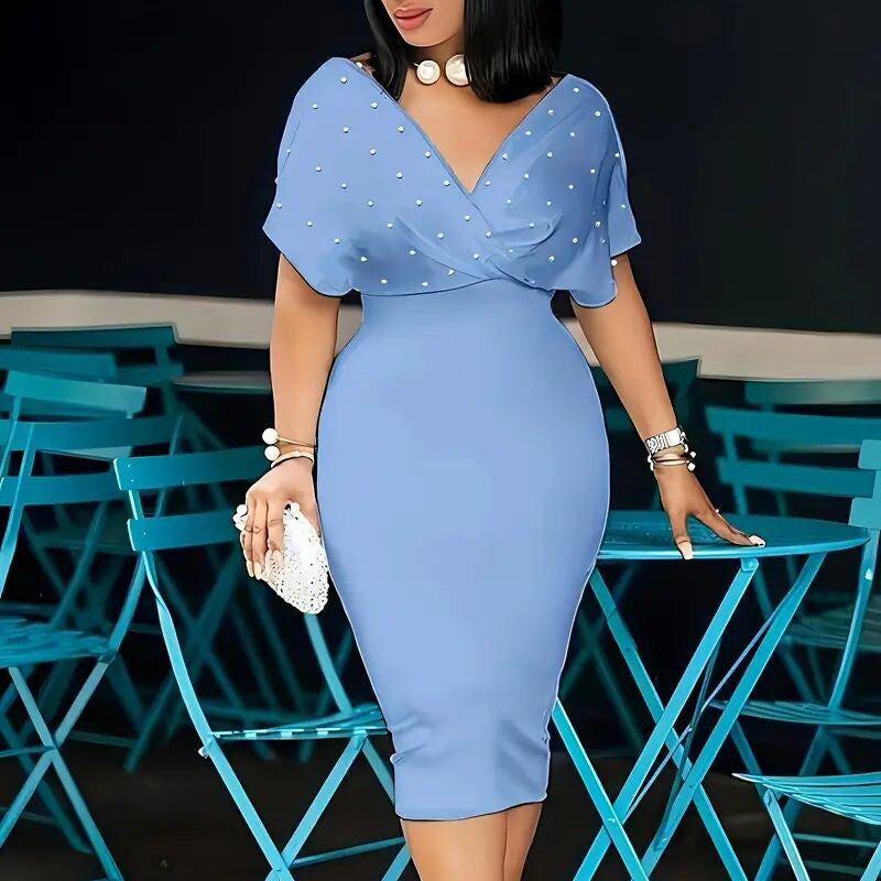 Women's Elegant Deep V Neck Wrap Bodycon Dress Back Zipper Pencil Midi Dress