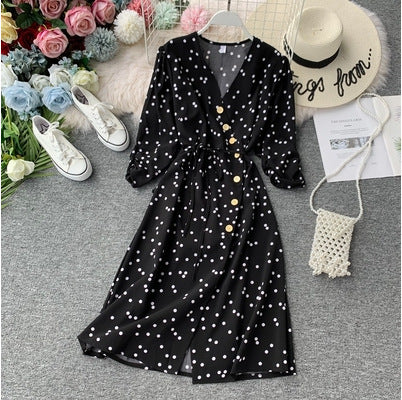 Polka dot lace chiffon dress over the knee midi skirt