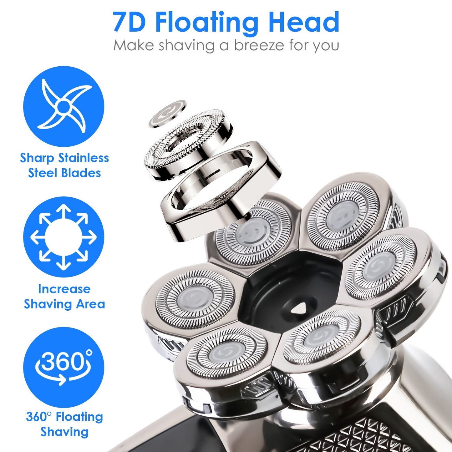 1Pc Head Shavers For Bald Men 5 In 1 7D Electric Rotary Razor Rechargeable Cordless Head Beard Trimmer Shaver Kit IPX6 Waterproof Dry Wet Grooming Kit With 3 Combs