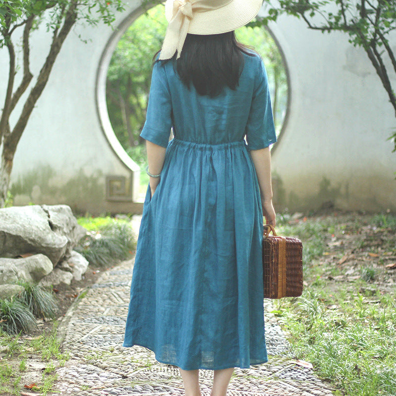 Women's Retro Organ Pleated Cotton And Linen Midi Dress