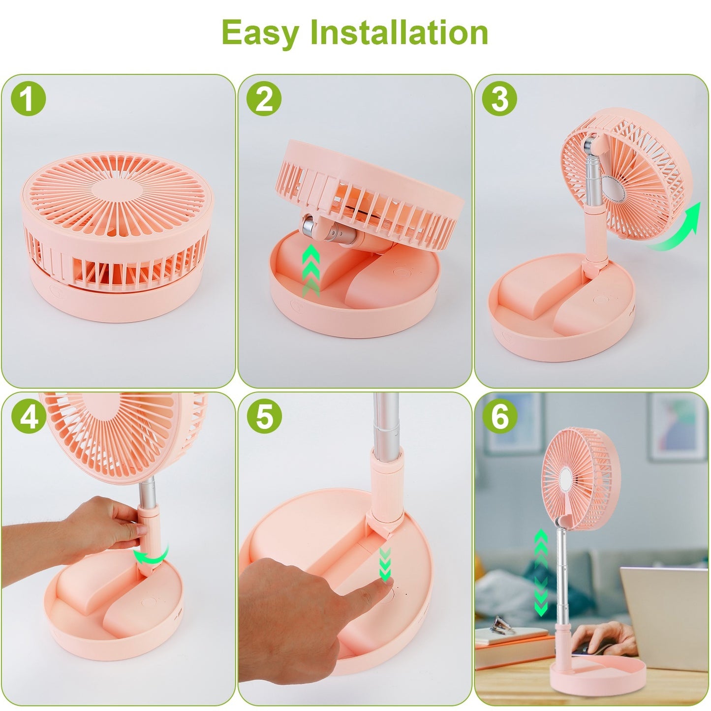 1Pc Portable Folding Desk Table Fan Quiet USB Rechargeable Telescopic Standing Floor Fan With 4 Speeds Adjustable Height 180Degree Tilting Angle For Office Home Outdoor Camping Travel
