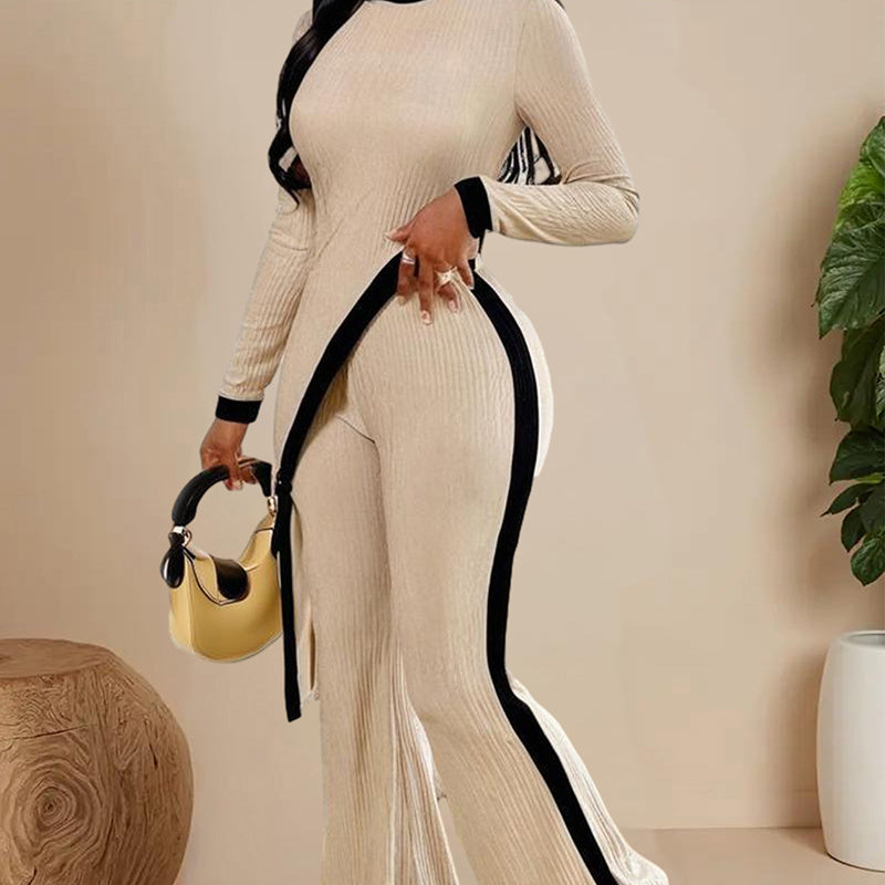 Women's Elegant Round-neck Two-piece Long-sleeved Pants With Decorative Edges For Spring & Fall