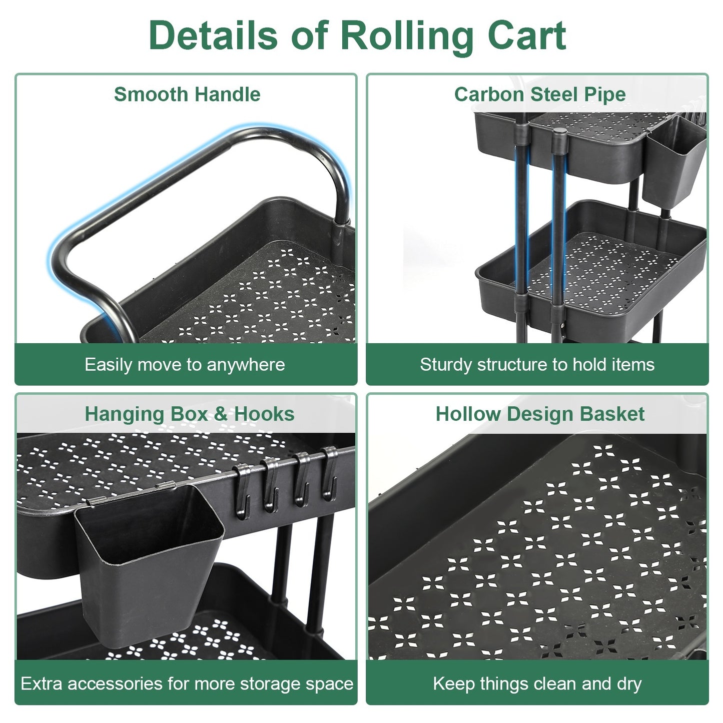 Black-White Color Options 1Pc 3 Tier Rolling Utility Cart Movable Storage Organizer With Mesh Baskets Lockable Wheels 360 Degree Rotatable Hanging Box Hooks Bedroom Bathroom Kitchen