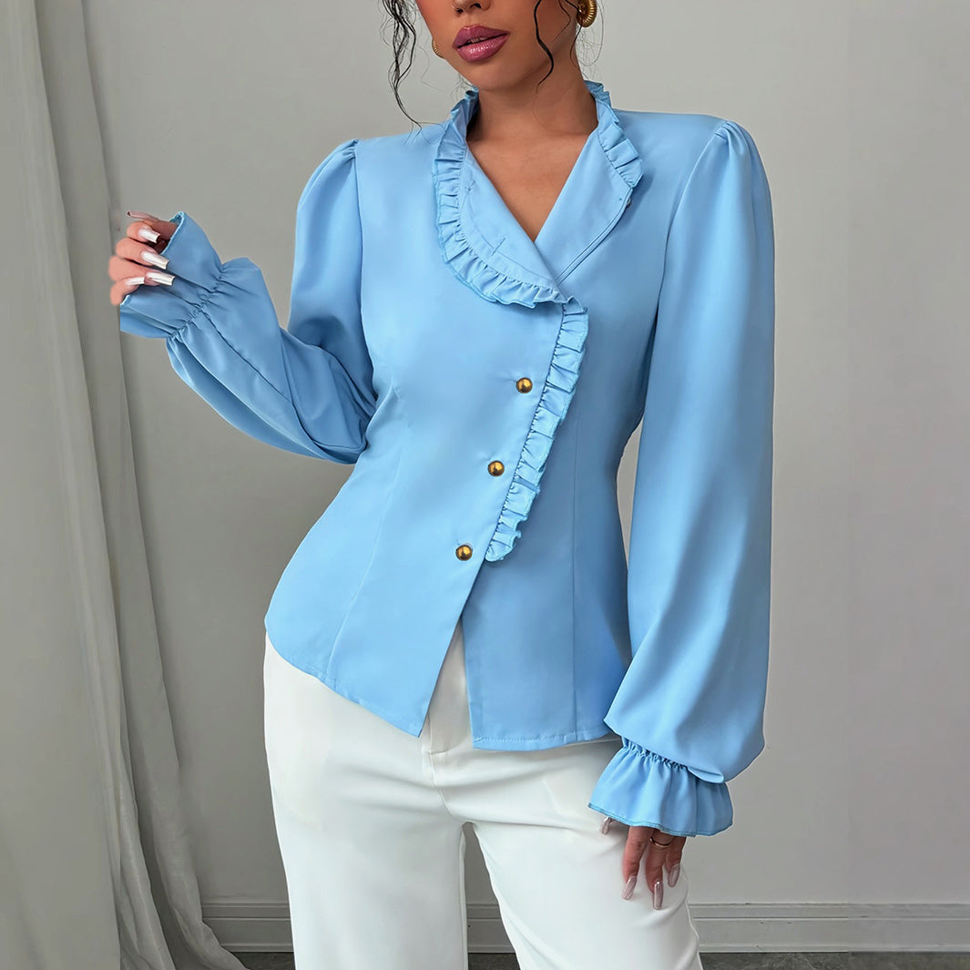 Women's Elegant French Asymmetrical Button-down Collar Ruffle Long Sleeve Blouse