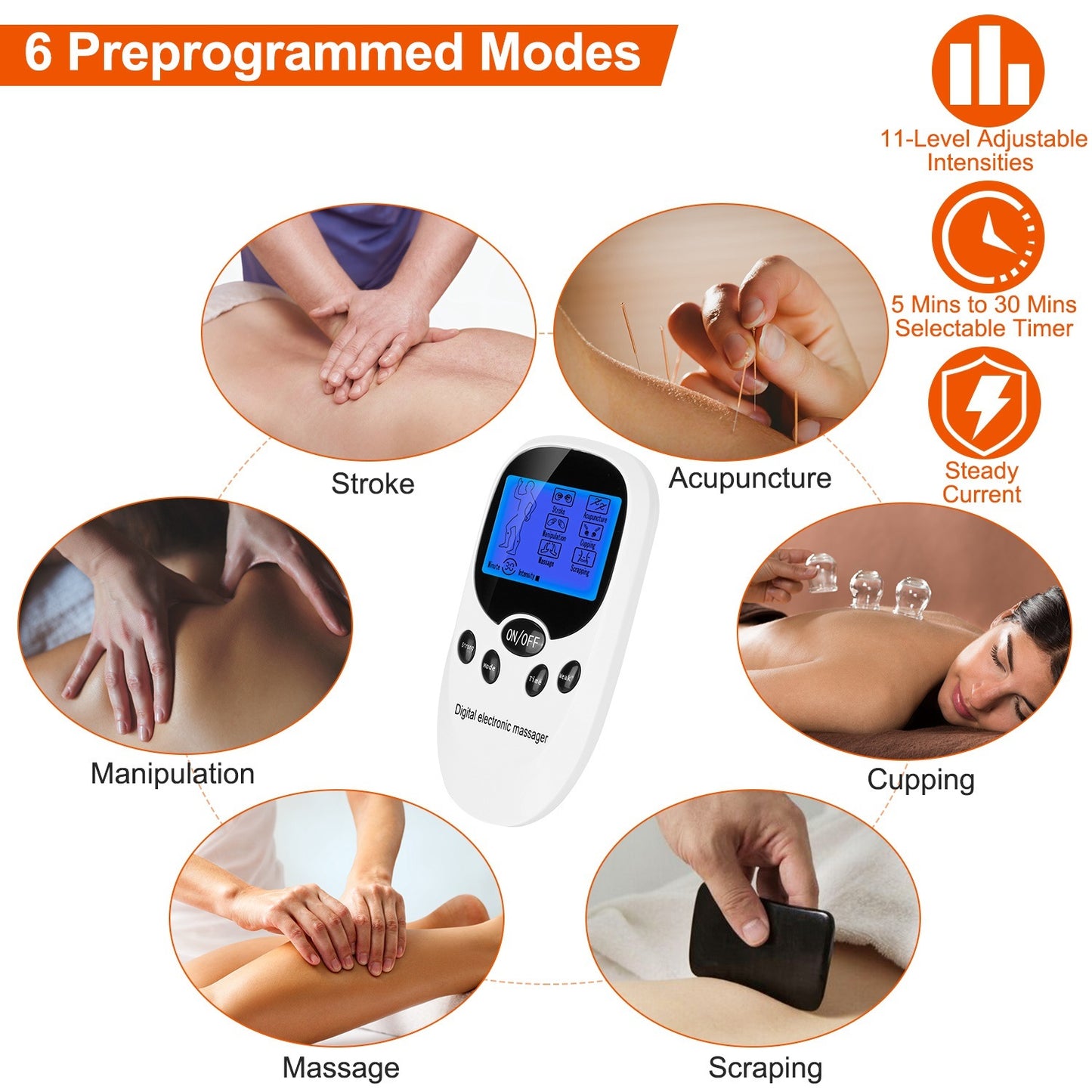 1Pc Electric Muscle Stimulator Dual Channels With 8 Electrode Pads Pulse Massager Pain Relief Therapy Tens Device