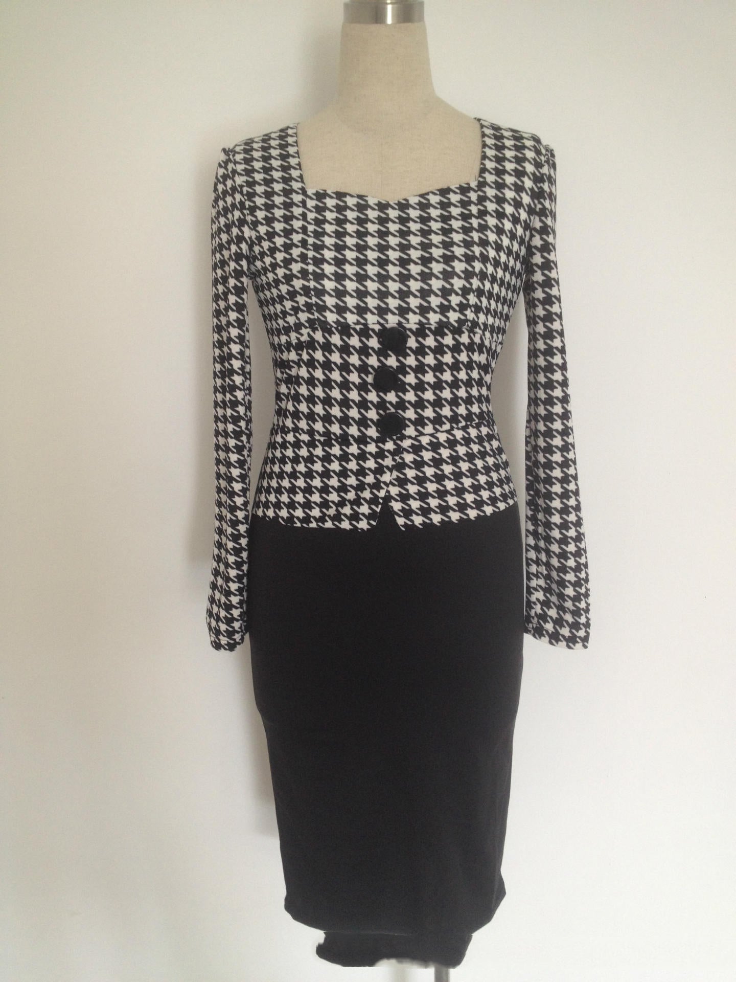 Houndstooth Fake Two Piece Panel Slim Pencil Dress