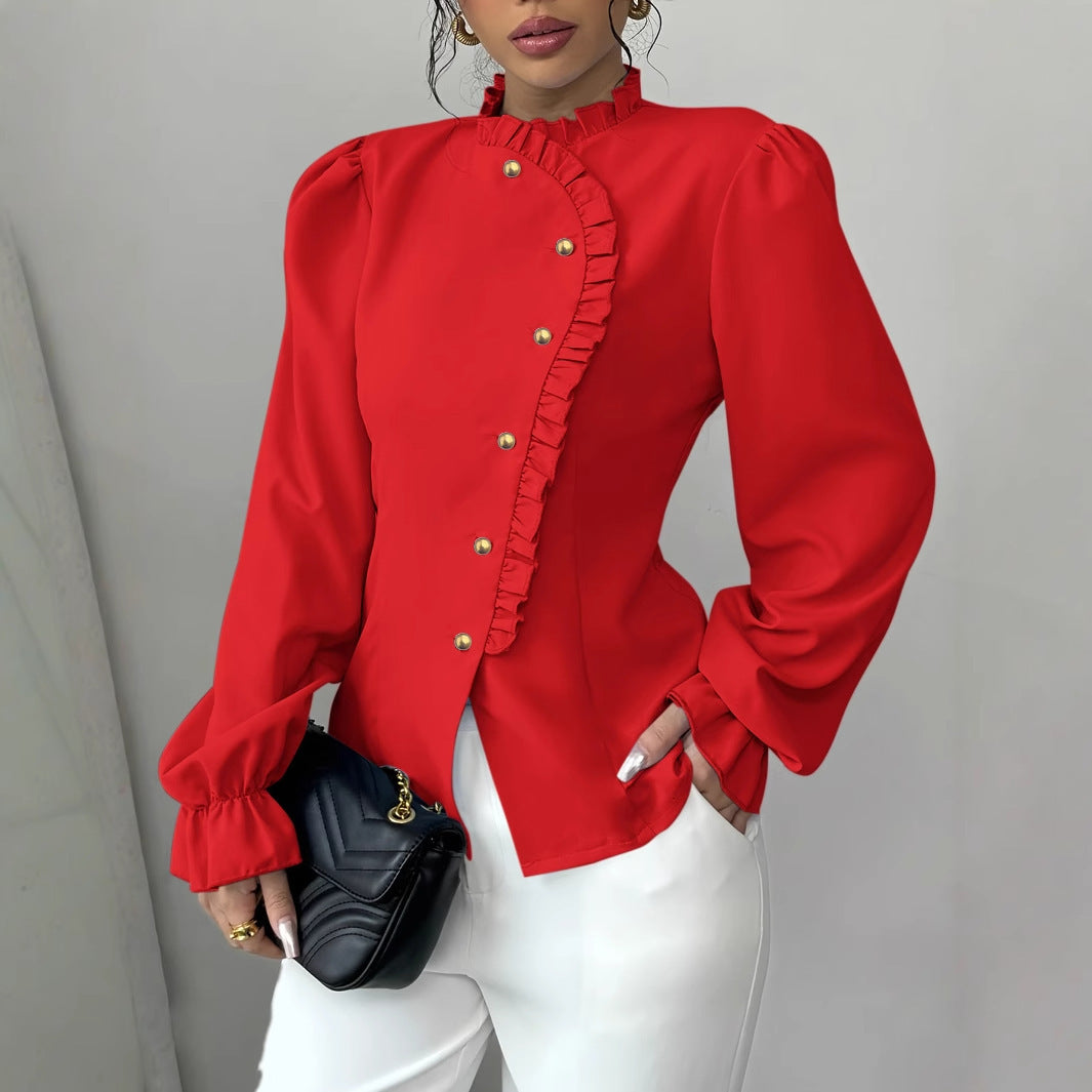 Women's Elegant French Asymmetrical Button-down Collar Ruffle Long Sleeve Blouse