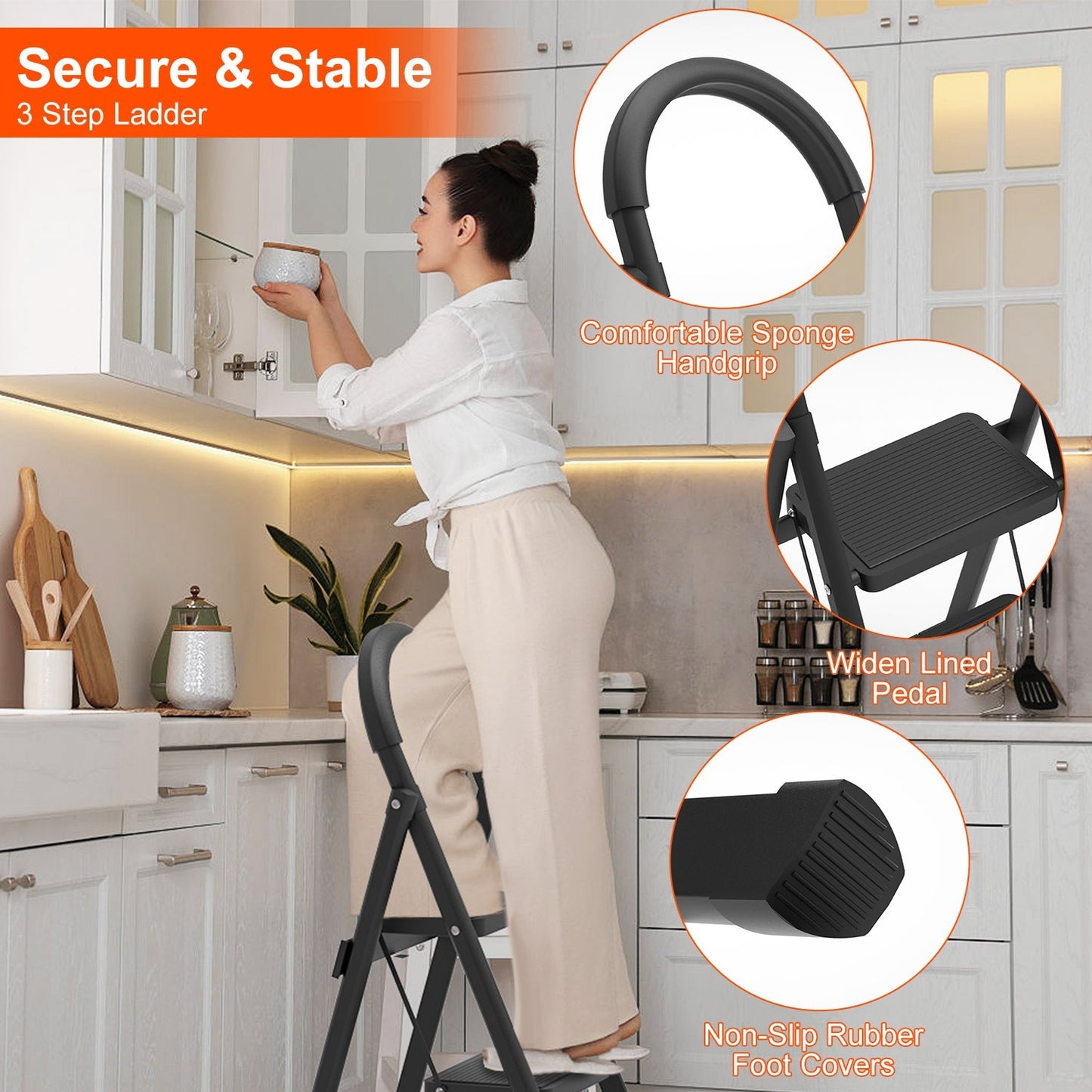 1Pc 3Step Foldable Ladder With Wide Anti-Slip Pedal Safety Locking Design Soft Handgrip Portable Lightweight Folding Step Stool 330LBS Load Capacity For Household Kitchen Office