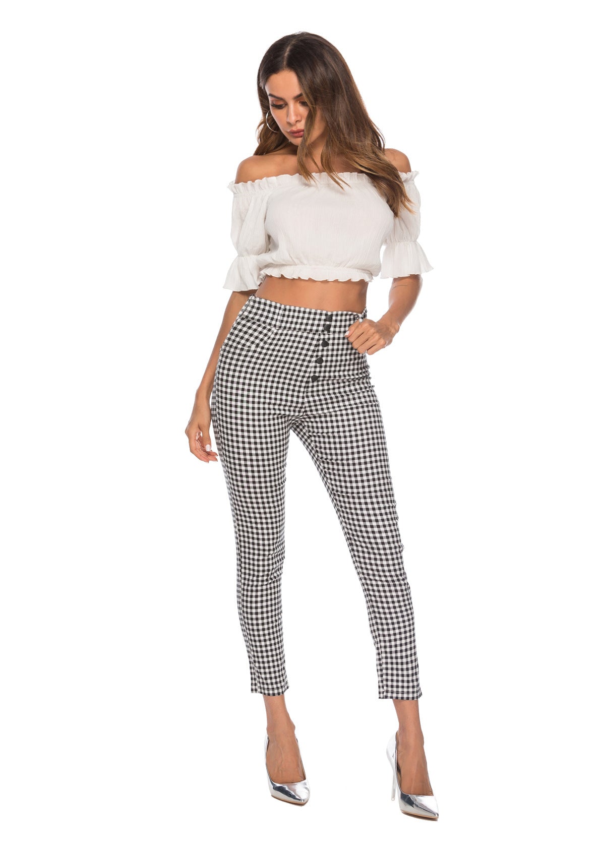 Women's high-waist checked slim pencil-leg pants