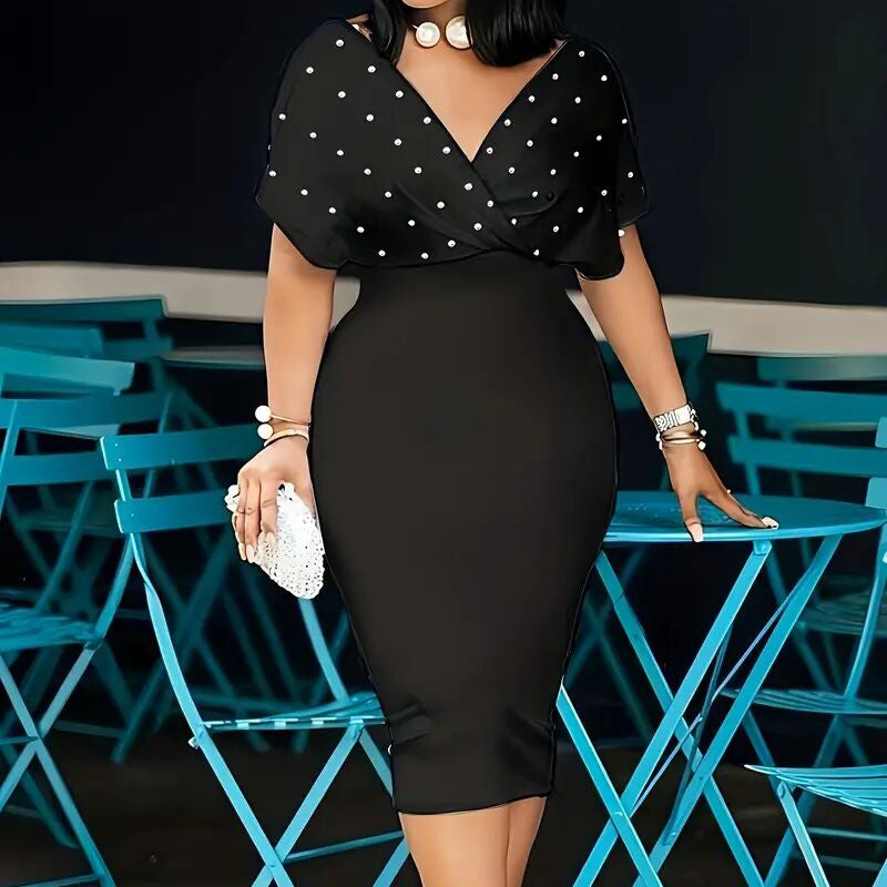 Women's Elegant Deep V Neck Wrap Bodycon Dress Back Zipper Pencil Midi Dress