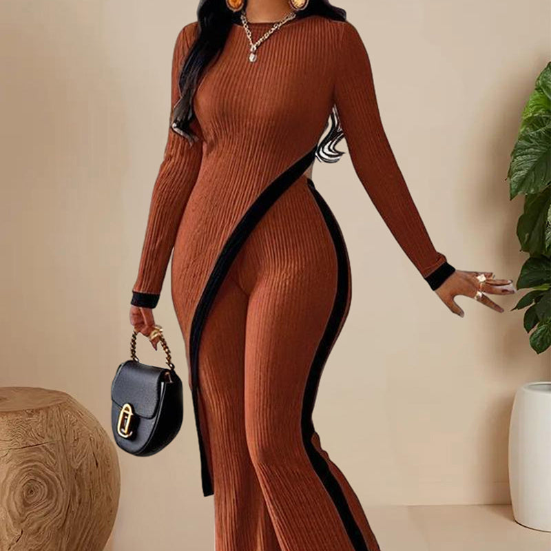 Women's Elegant Round-neck Two-piece Long-sleeved Pants With Decorative Edges For Spring & Fall