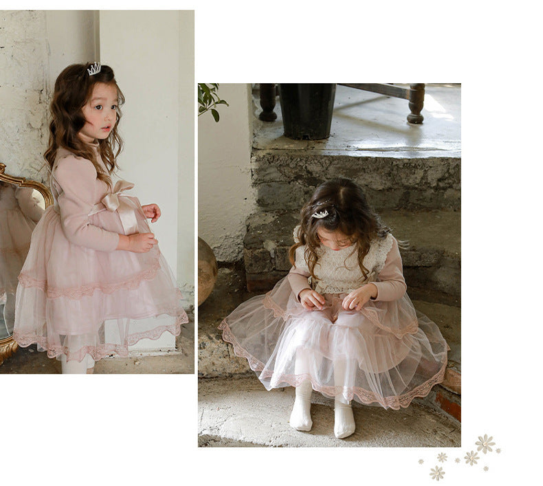 Girls Bow Thickened Plus Velvet Princess Dress