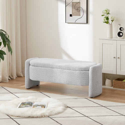 Ottoman Oval Storage Bench 3D Lamb Fleece Fabric Bench With Large Storage Space For The Living Room, Entryway And Bedroom