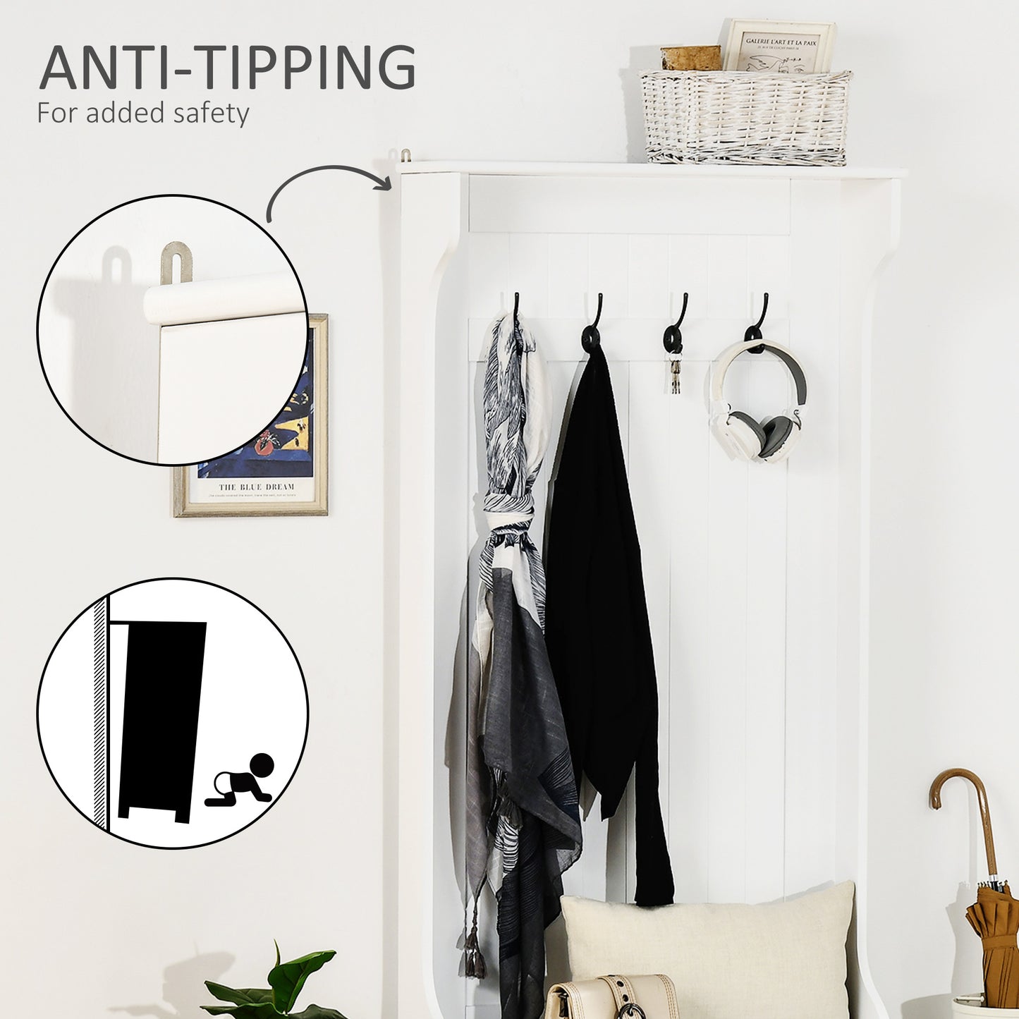 Entryway Hall Tree With Coat Rack, Sitting Bench, Storage, And Hooks, Mudroom Bench, White