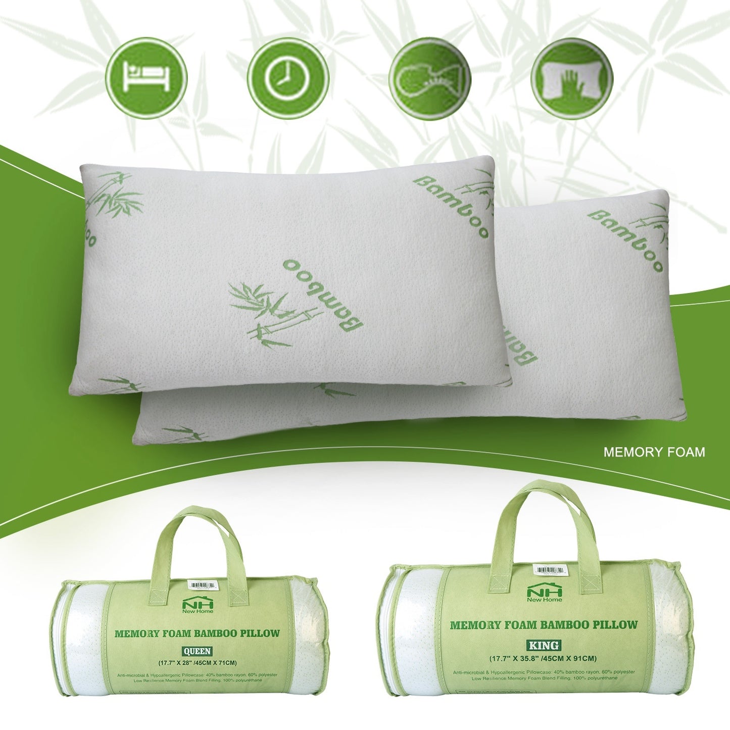2Pcs Or 1Pcs Bamboo Memory Foam Pillow Hypoallergenic Bed Pillow For Head Neck Rest Sleeping Shredded Pillow Washable Cover Queen Size Pillow