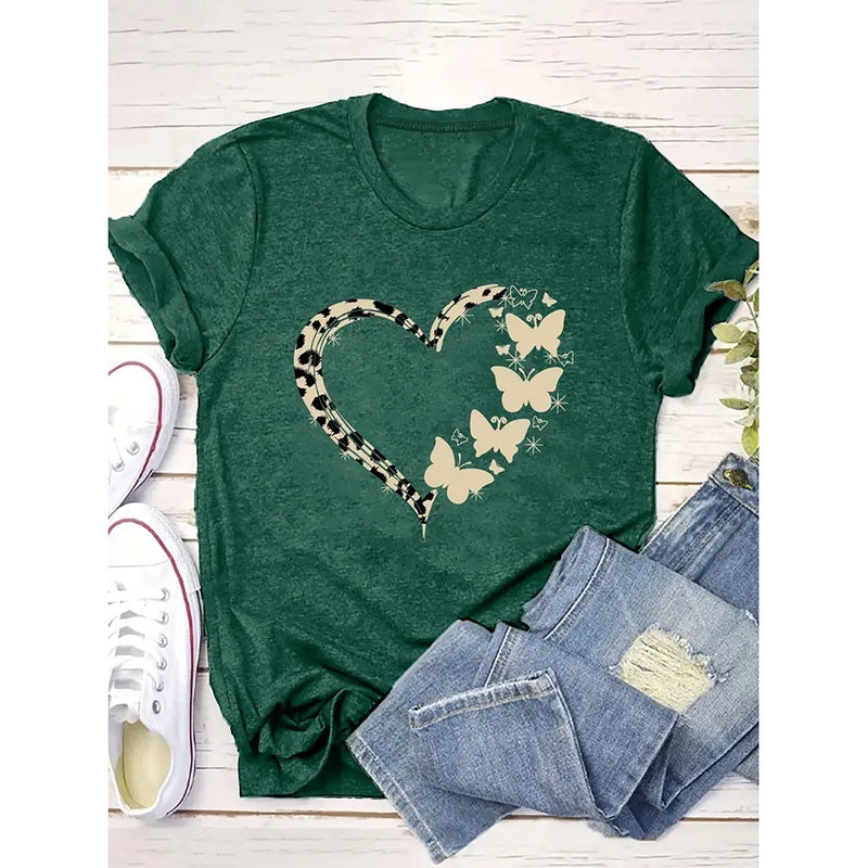 Women Cute Heart Graphic Shirt Summer Butterfly T-Shirt Short Sleeve Top Tees