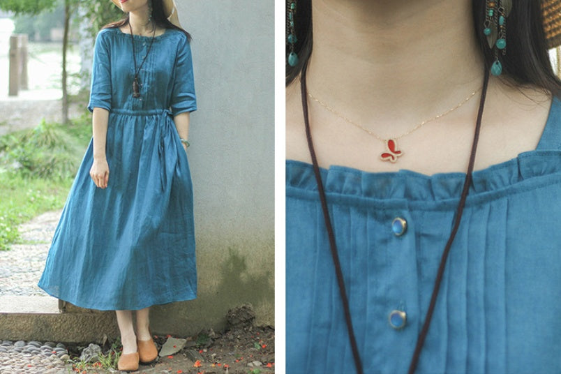 Women's Retro Organ Pleated Cotton And Linen Midi Dress