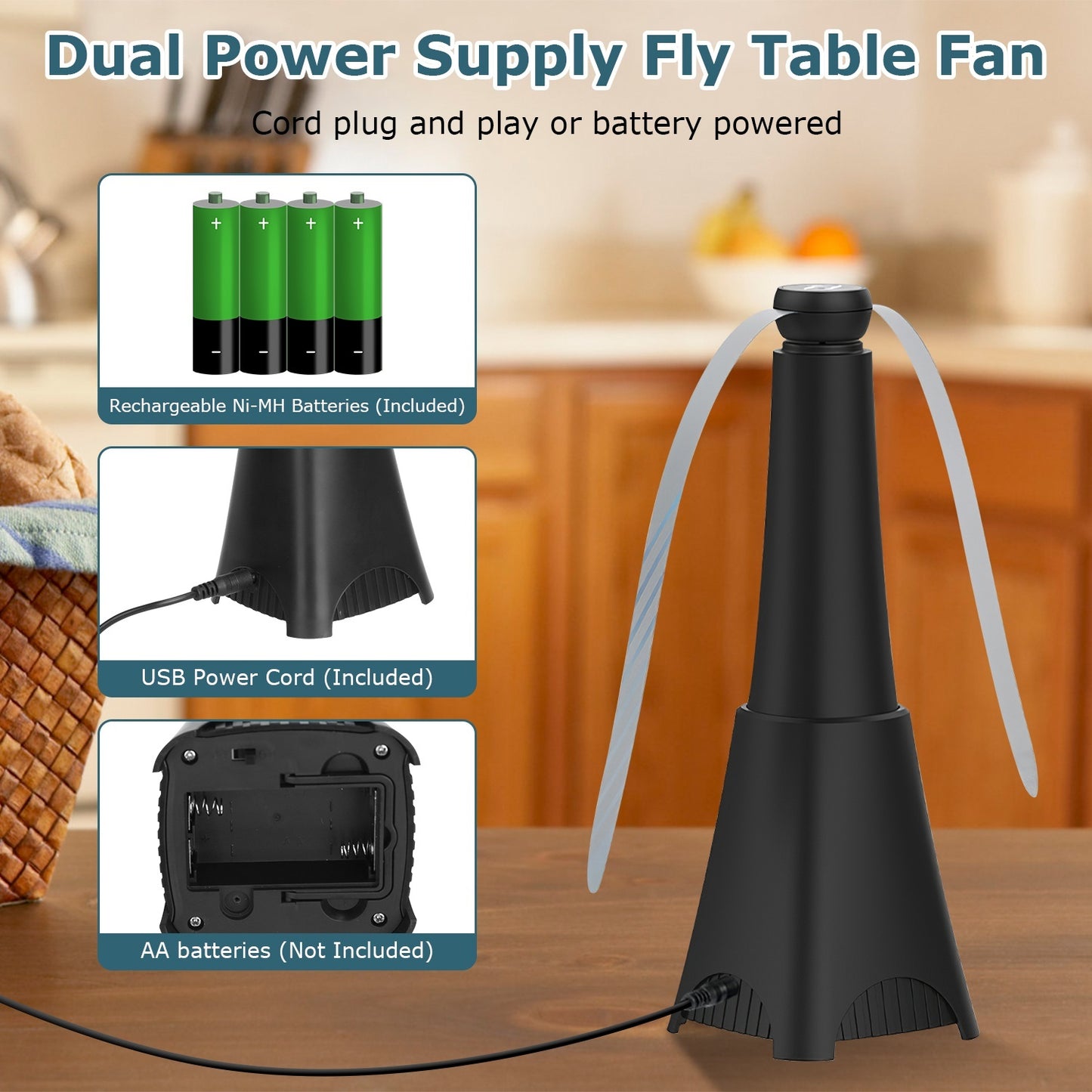 2 Pack Portable Reflective Fly Repellent Fan Rechargeable Battery Powered Table Food Fly Trap With Pattern Soft-Stop Blade Hanging Hook Indoor Outdoor Table