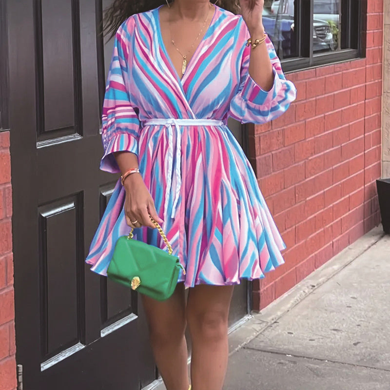 Women's V-Neck Rainbow Stripe Short Dress Three Quarters Sleeve Casual Summer Sundress With Tie Waist