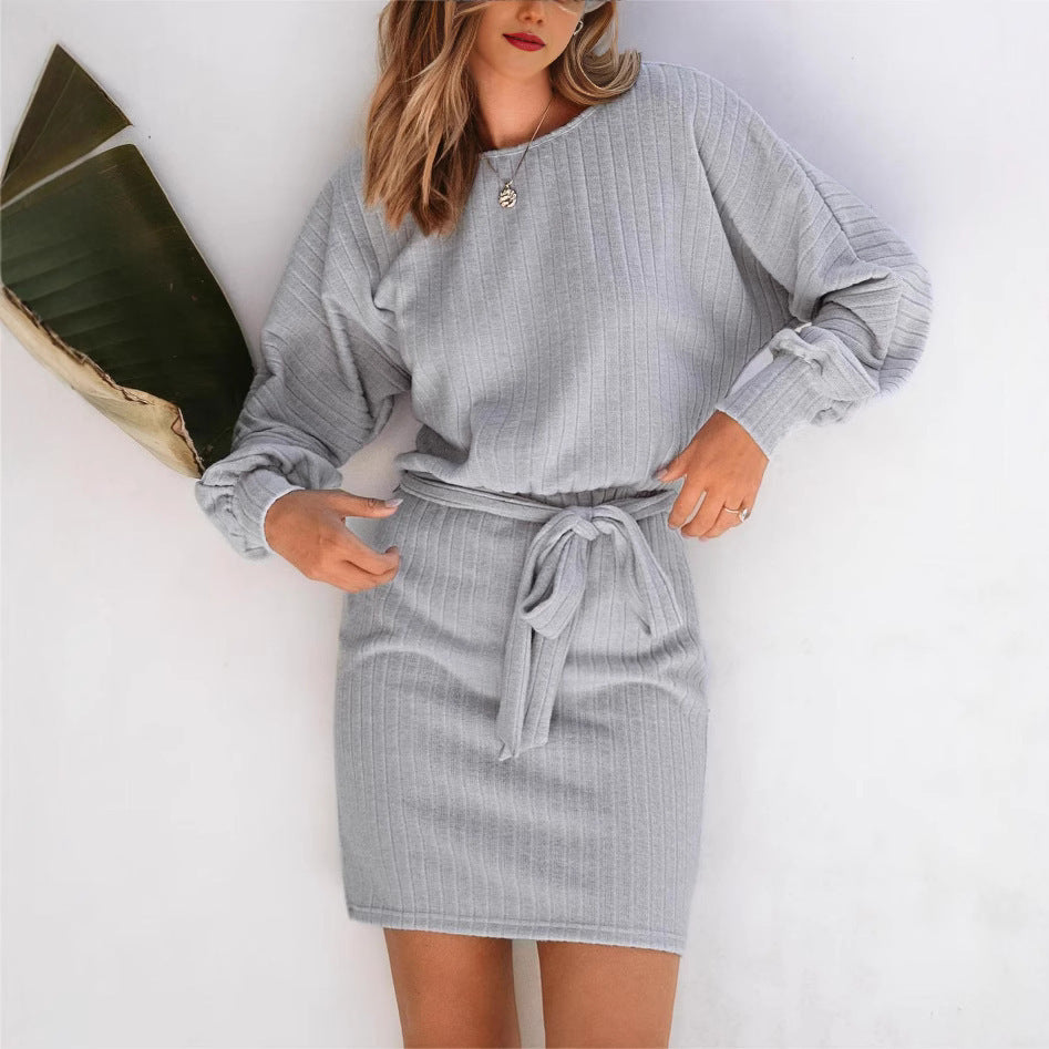 Belt Decorative Long Sleeve Sunken Stripe Woolen Knit Dress