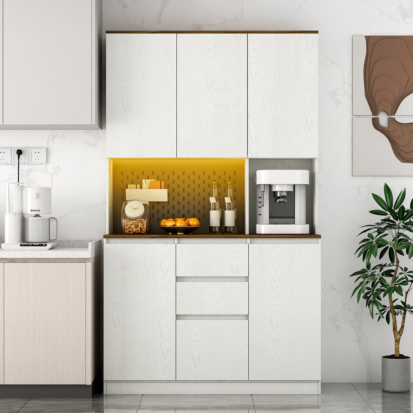 Kitchen Pantry Cabinet With Charging Station,Freestanding Buffet Cupboards Sideboard With Drawer,with LED Lights,Modern Pantry Cabinet With Microwave Stand For Kitchen,Living Room,Dinning Room